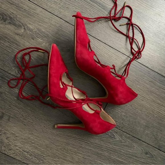 Red Suede Lace-Up Stiletto Pumps - Size 8 - Picture 3 of 4
